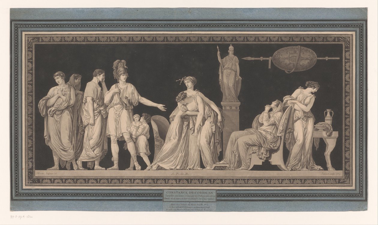 Coriolanus trøster sin kone og mor Constance de Coriolan (titel på objekt) af Jean Francois Janinet