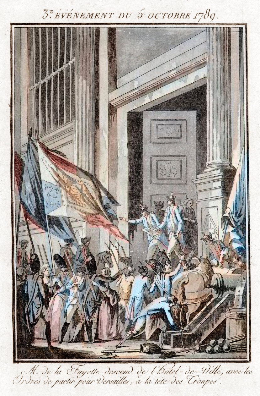Den Franske Revolution - La Fayette forlader Paris Rådhus for at tage til Versailles den 5. oktober af Jean Francois Janinet