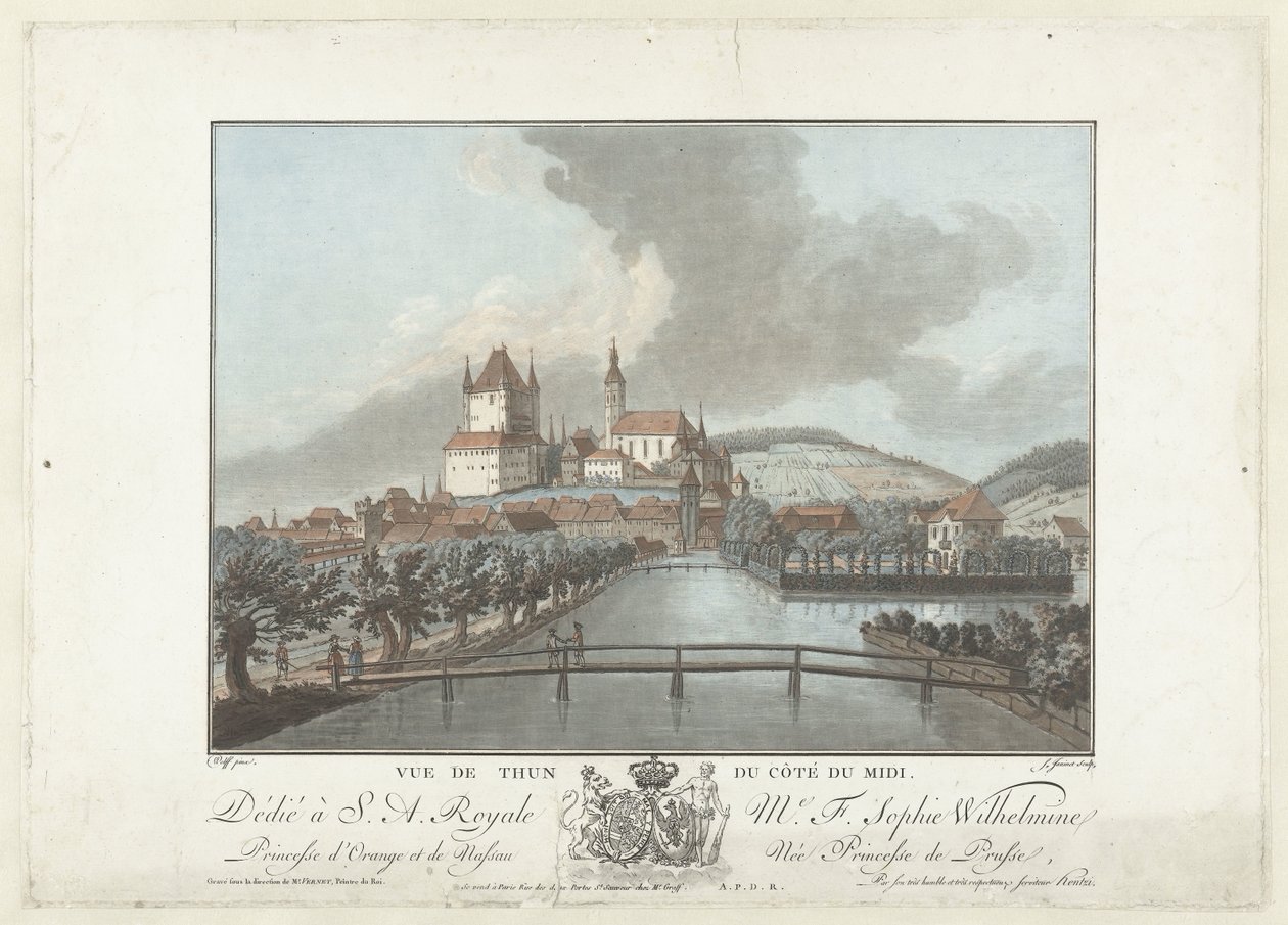 Gezicht op Thun Udsigt over Thun fra sydsiden (titel på objekt) Bemærkelsesværdig udsigt over bjergene i Schweiz (serietitel) af Jean Francois Janinet