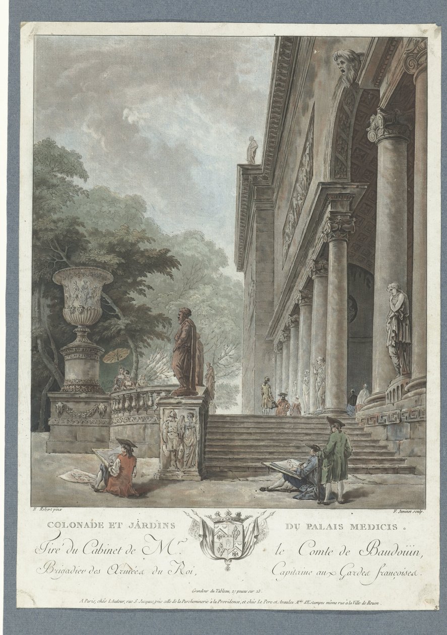 Udsigt over Villa Medici Colonade et jardins du Palais Medicis (titel på objekt) af Jean Francois Janinet