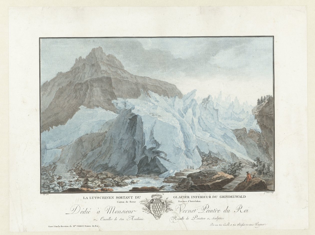 Gletsjer bij Grindelwald Lutchinen, der dukker op fra den nedre Grindelwald-gletsjer. Kanton Bern-provinsen Interlaken (titel på objekt) Bemærkelsesværdig udsigt over bjergene i Schweiz (serietitel) af Jean Francois Janinet