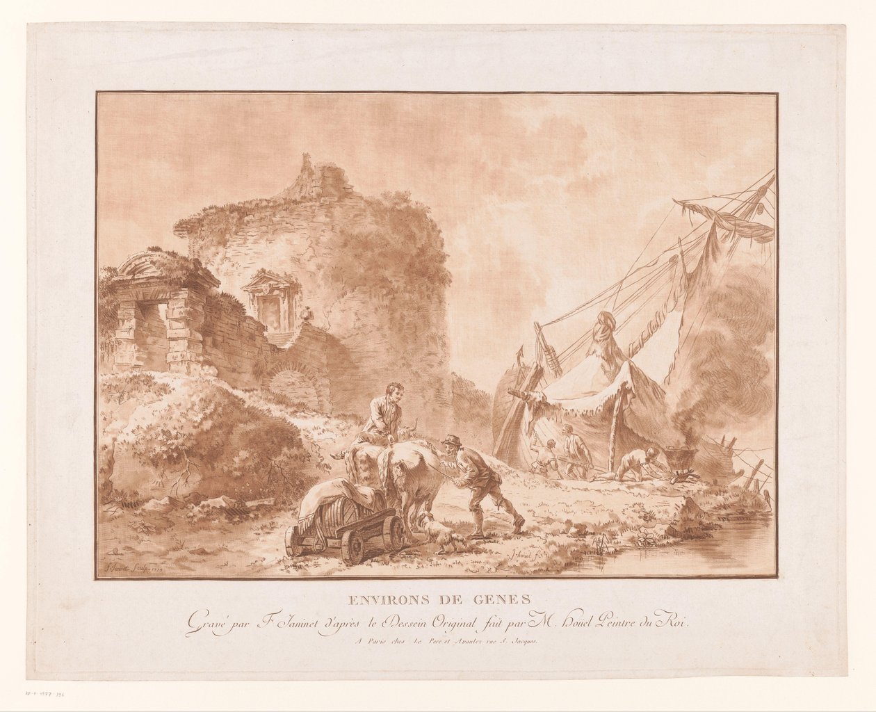 Landskab med ruiner og et skib nær Genova Environs de Genes (titel på objekt) af Jean Francois Janinet