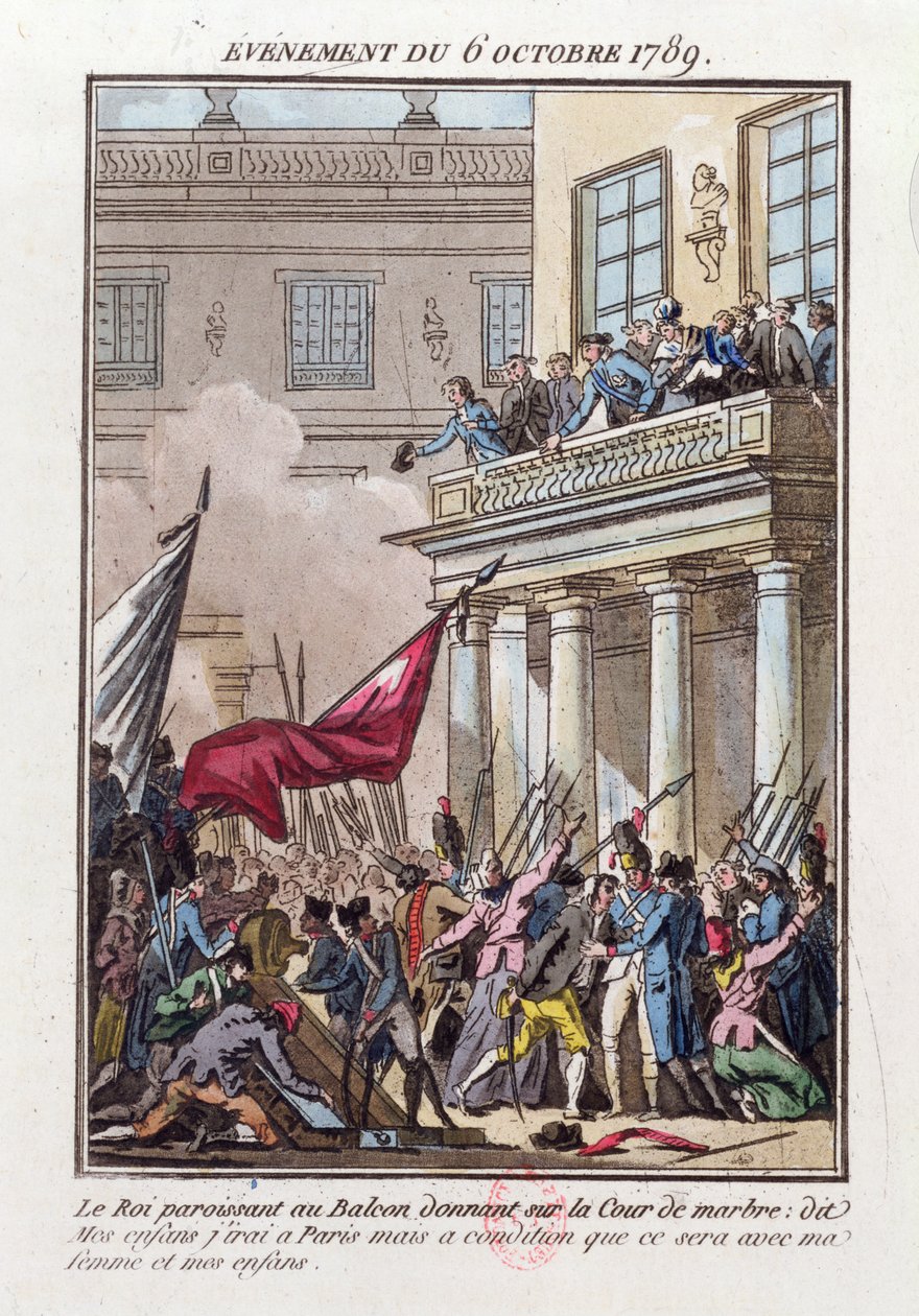 Ludvig XVI dukkede op på balkonen i Versailles den 6. oktober 1789 for at fortælle den parisiske pøbel, at han vil tage til Paris på betingelse af, at hans kone og familie rejser med ham af Jean Francois Janinet