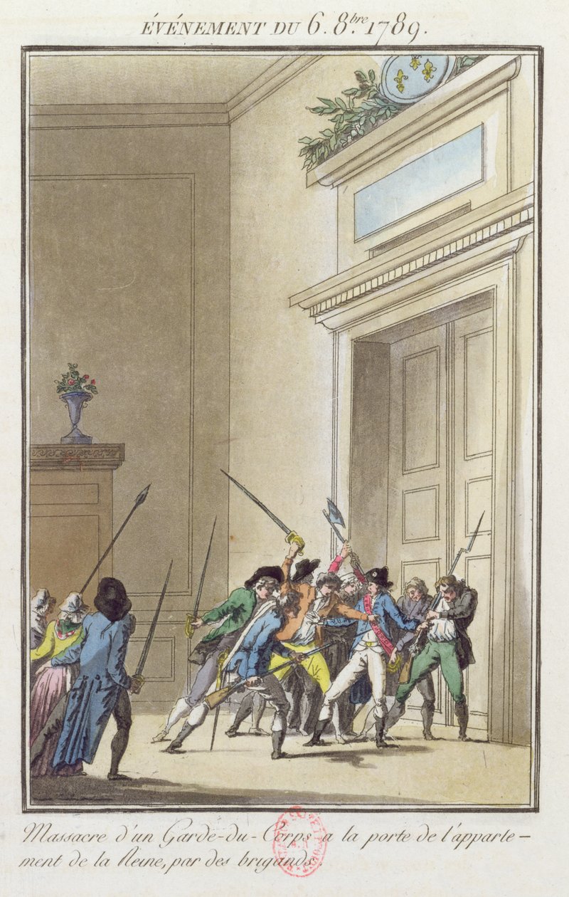 En hob af parisere angriber og dræber vagten ved indgangen til dronningens lejligheder i Versailles 6. oktober 1789 af Jean Francois Janinet