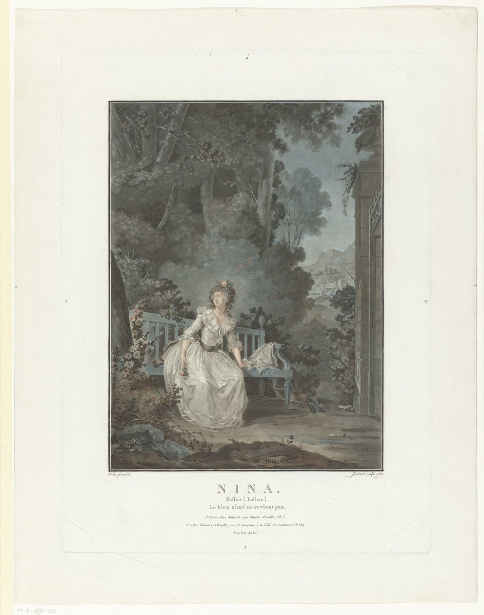 Portræt af Madame Dugazon Nina. Ak! Ak! Den elskede vender ikke tilbage (titel på objekt) af Jean Francois Janinet