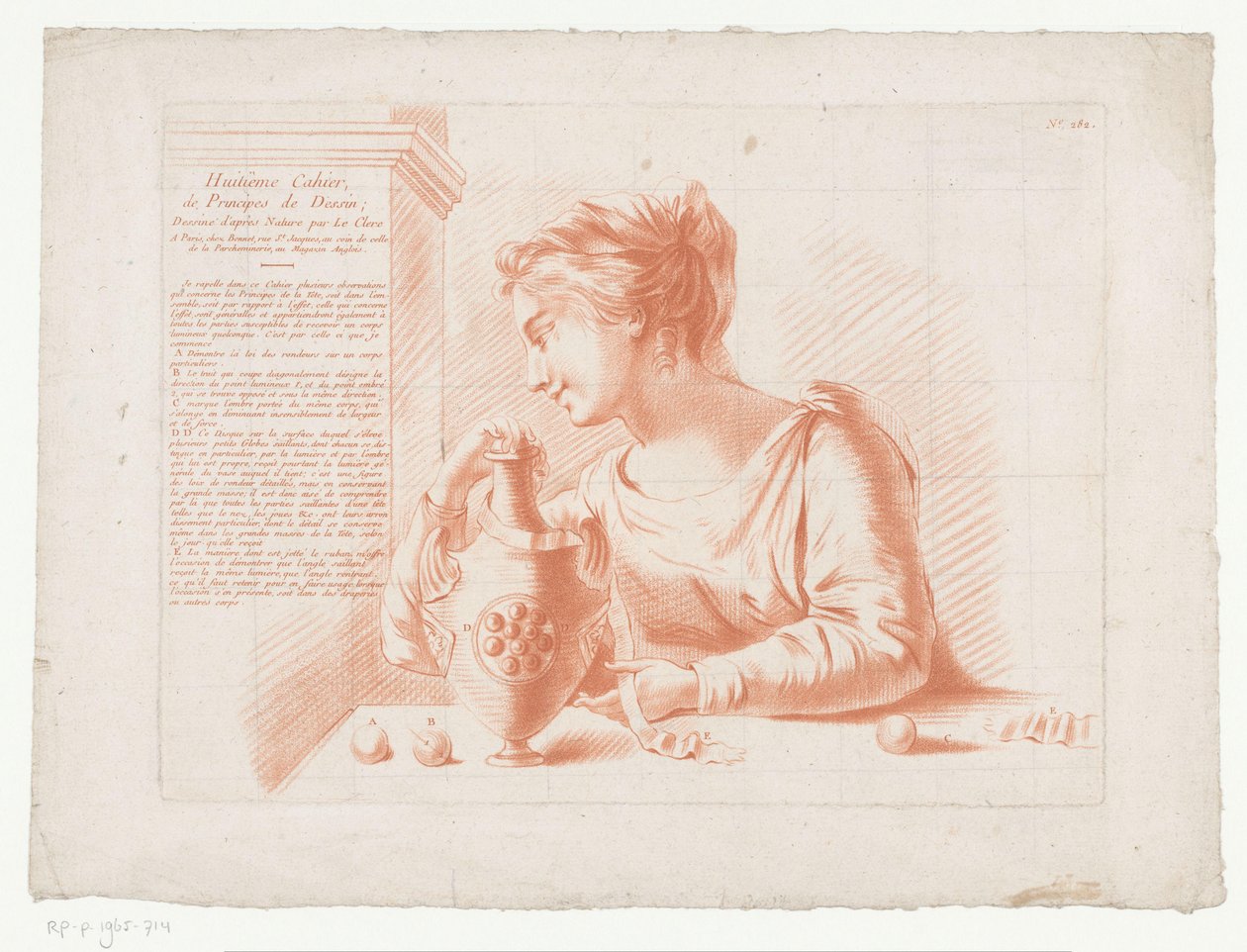 Titeltryk med kvinde og kande Kompositioner med dele af den menneskelige krop (serietitel) Huitième Cahier, Principes de Dessin (serietitel på objekt) af Jean Francois Janinet