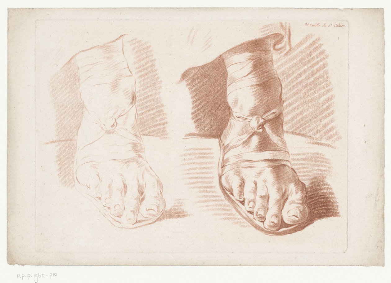 To fod i sandaler 3.e Feuille du 5.e Cahier. (titel på objekt) Kompositioner med dele af den menneskelige krop (serietitel) Cinquième Cahier de Principes de Dessein (serietitel) af Jean Francois Janinet