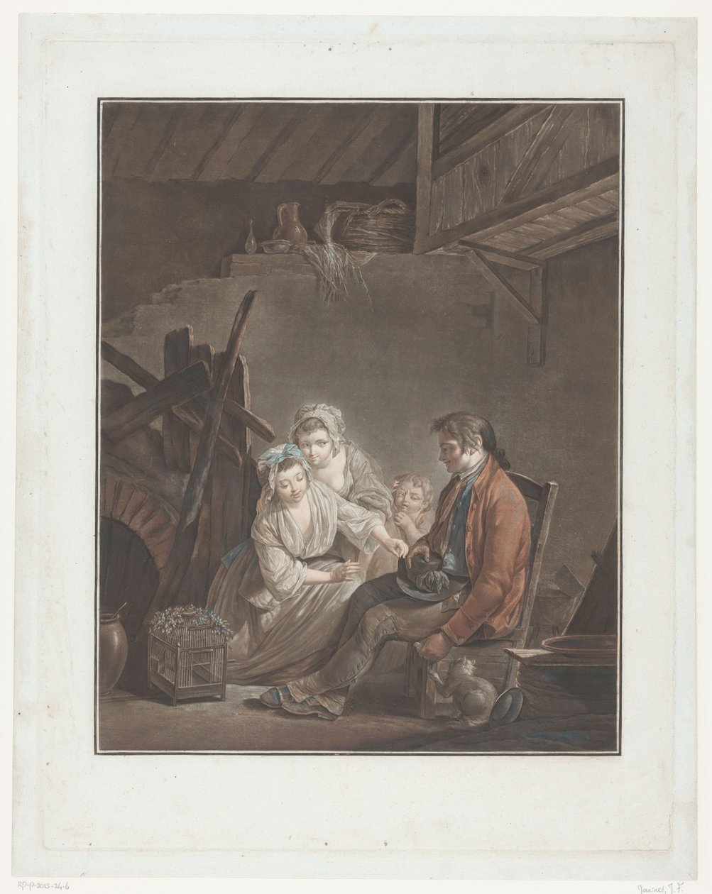 To kvinder og et barn med en mand, der gemmer en fugl L