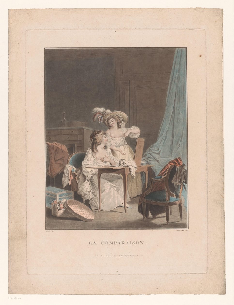 To kvinder med bare bryster foran et spejl La sammenligning (titel på objekt) af Jean Francois Janinet