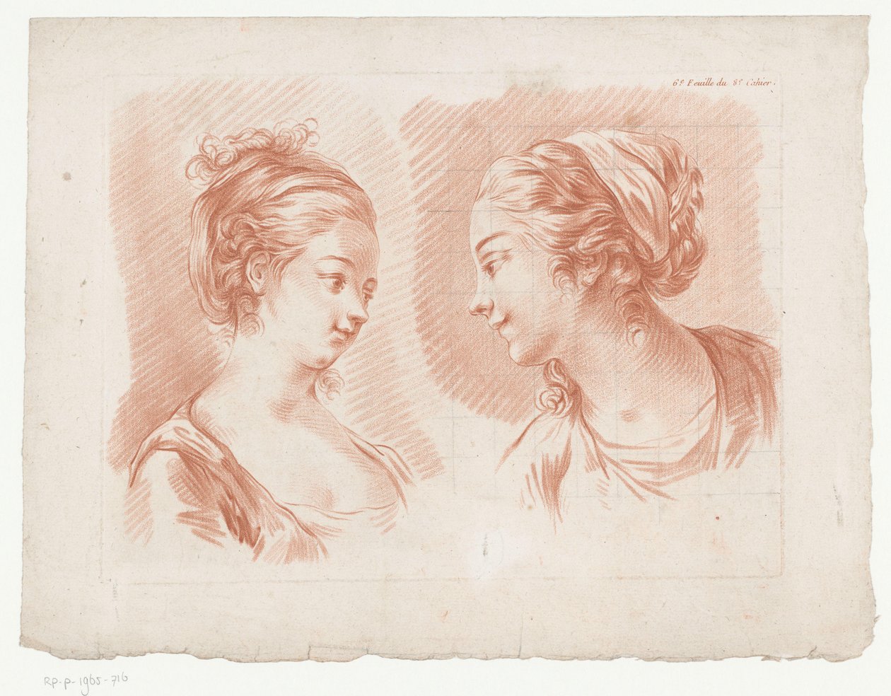 To kvinders hoveder 6.e Feuille du 8.e Cahier. (Titel på objekt) Kompositioner med dele af den menneskelige krop (serietitel) Huitième Cahier the Principles de Dessin (serietitel) af Jean Francois Janinet