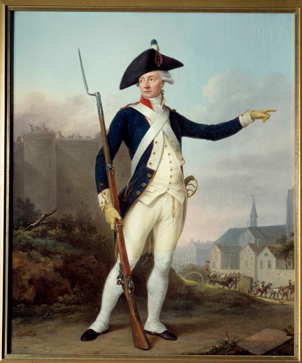 Fransk revolution: "" Portræt i fuld længde af borger Nau Deville i nationalgardeuniform (i baggrunden nedrivning af Bastillen) af Jean Francois Marie Bellier