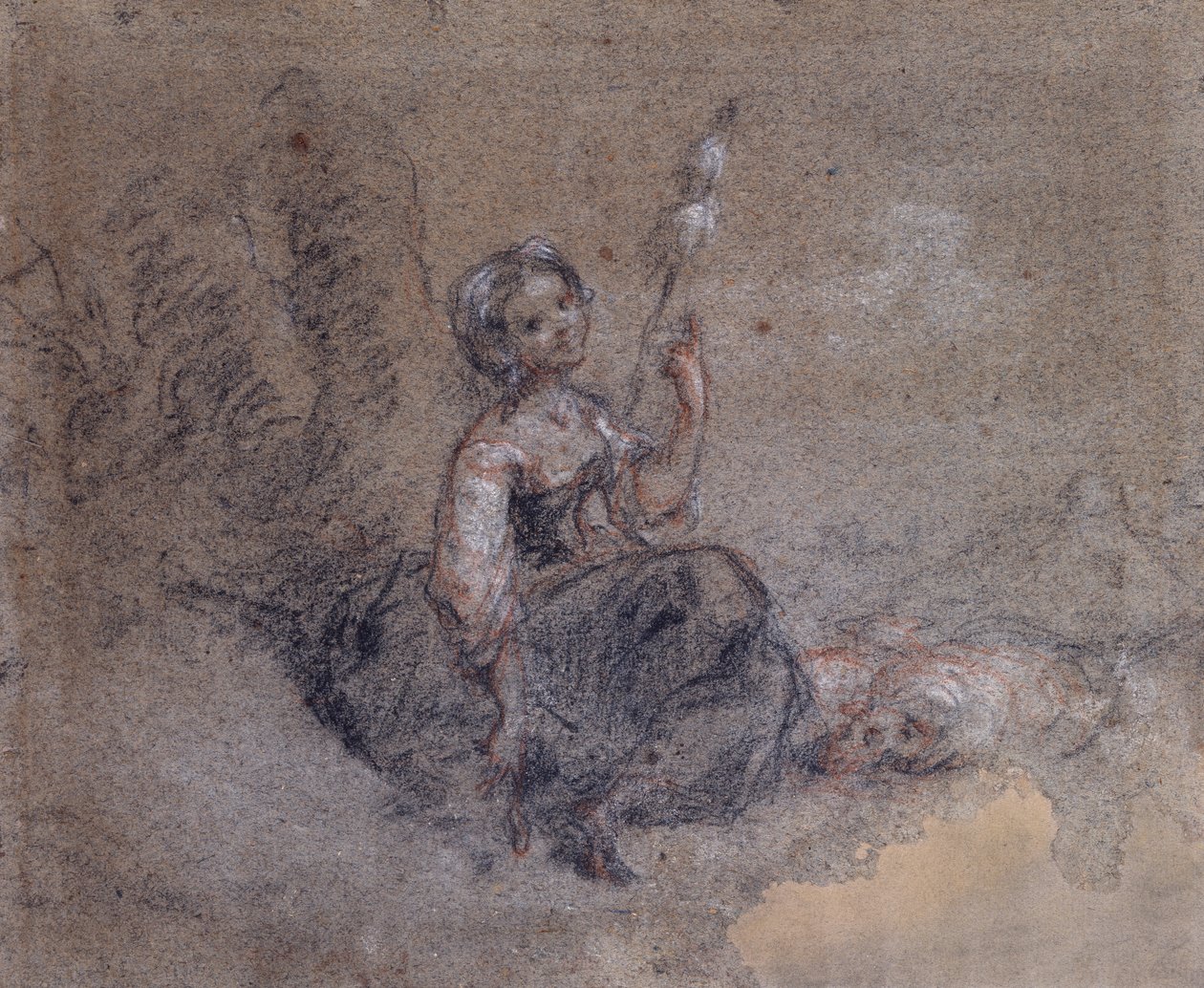 A Young Shepherdess Spinning (rødt og hvidt kridt og trækul på papir) af Jean Francois Millet
