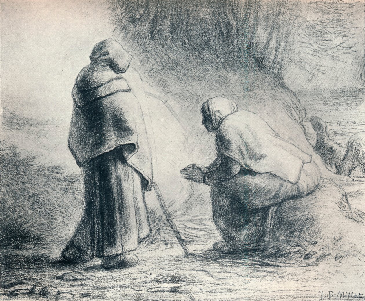 Bergeres Se Chauffant, Hyrder ved en brand, 1800-tallet af Jean Francois Millet