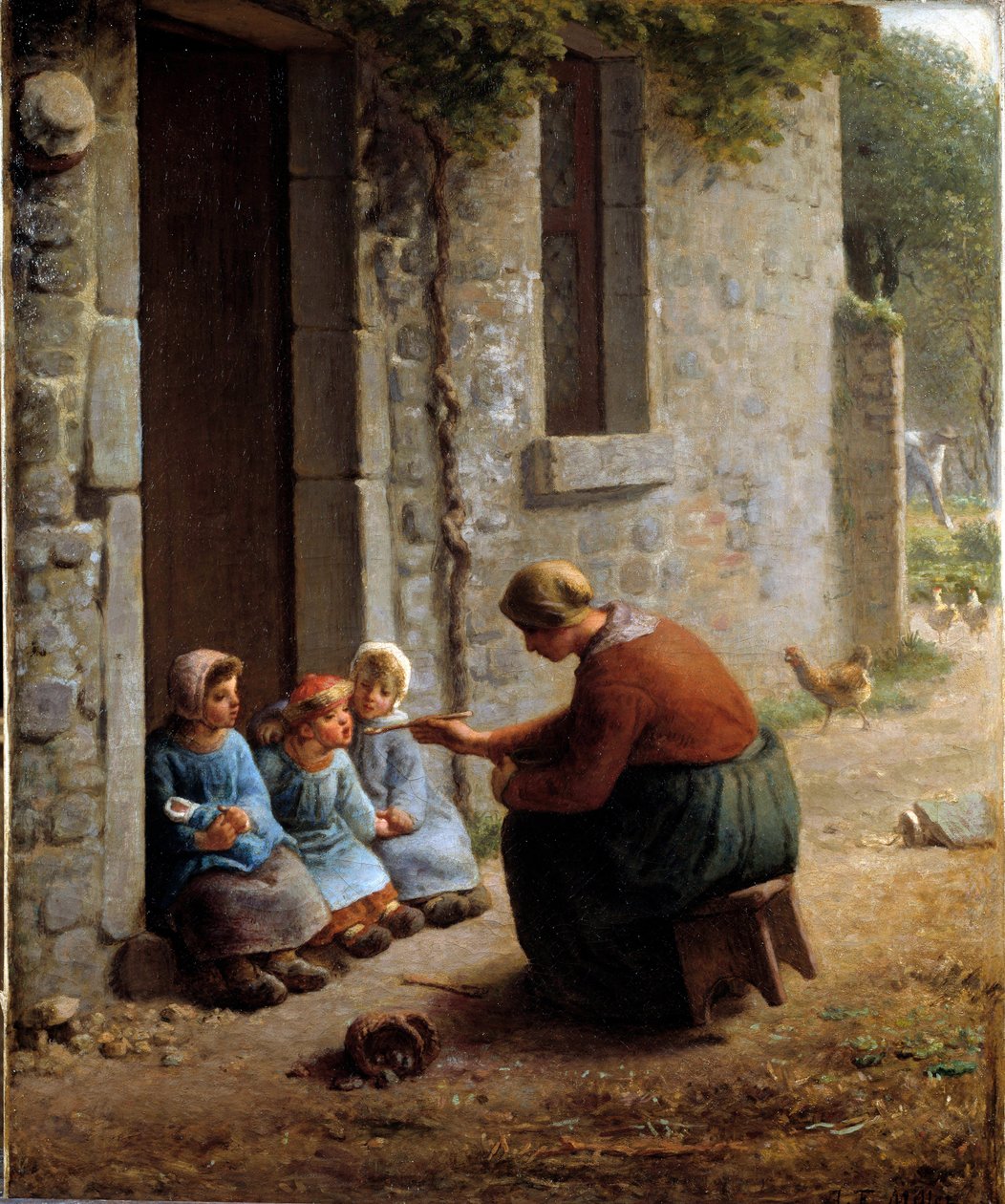 La becquee eller bonde, der fodrer sine børn. Maleri af Jean Francois Millet (1814-1875) af Jean Francois Millet