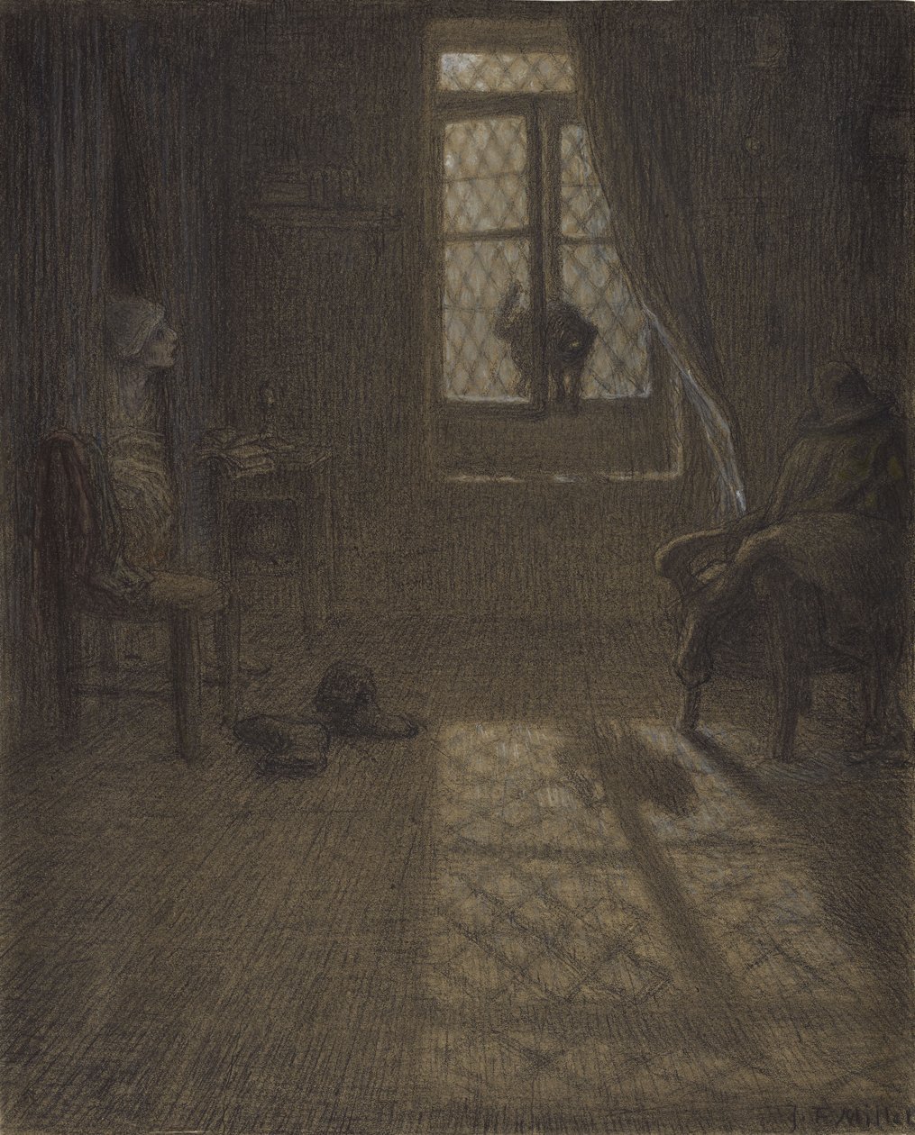 Le chat eller The Cat at the Window, 1857-58 (conté farveblyant og pastel med stumping og blanding, fastgjort på vævet papir) af Jean Francois Millet