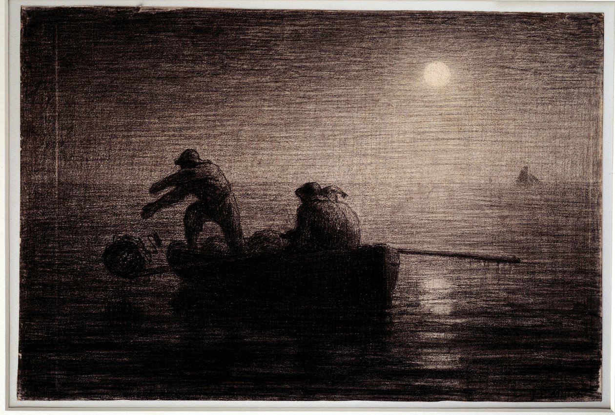 Hummerfiskere kaster deres ler, nateffekt Sort blyantstegning af Jean Francois Millet (1814-1875), ca. 1856-1858. Svag. 0,32 x 0,49 m Paris. Orsay Museum af Jean Francois Millet