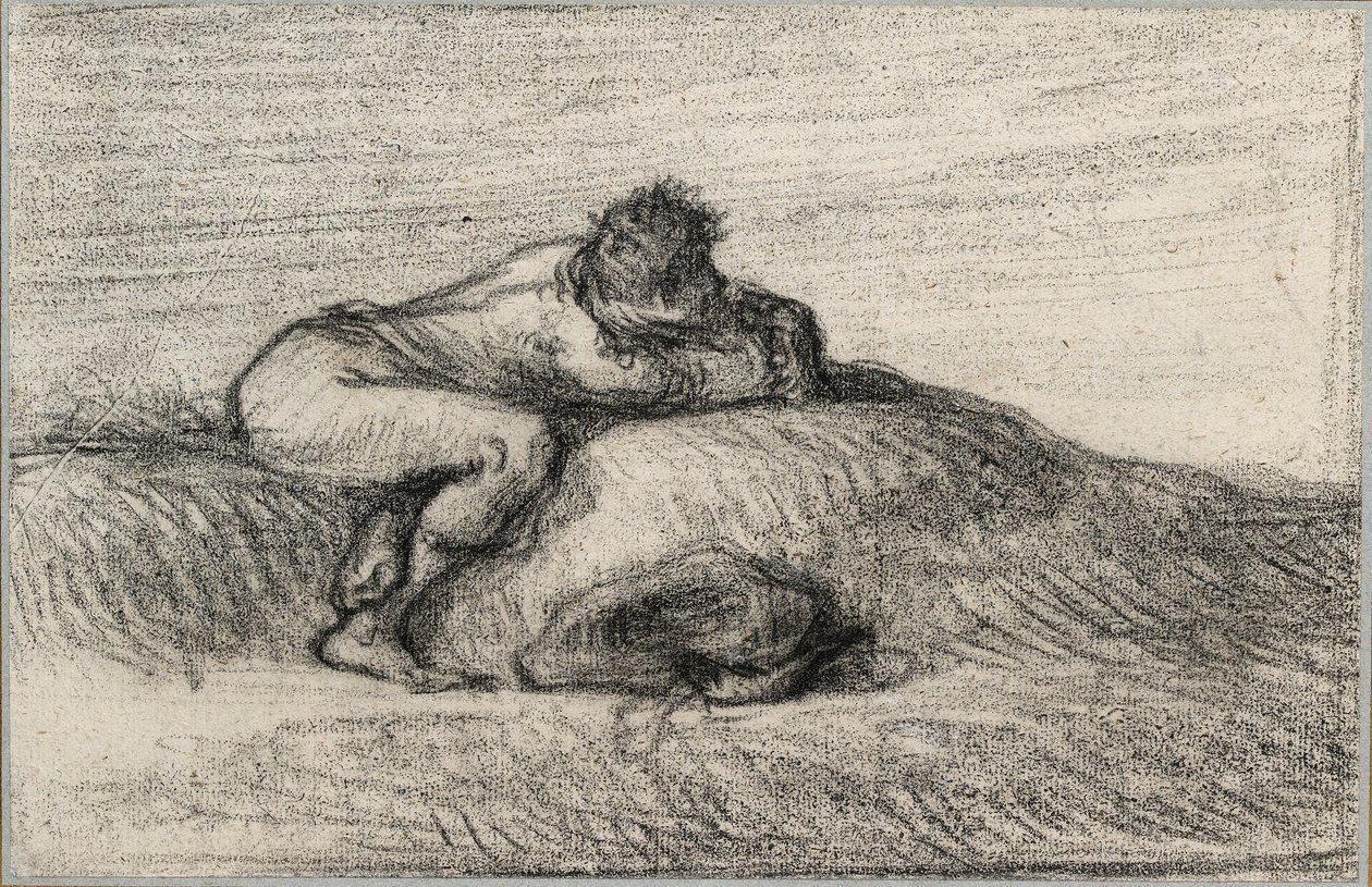 Mand, der sidder på hug på en bakke, 1848-1850 af Jean Francois Millet