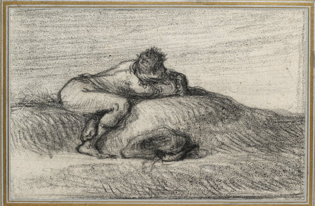 Mand, der sidder på huk på en bakke, 1848 - 1850 (sort farveblyant på råhvidt papir, lagt på lyseblåt papir med tre guldlinjer) af Jean Francois Millet