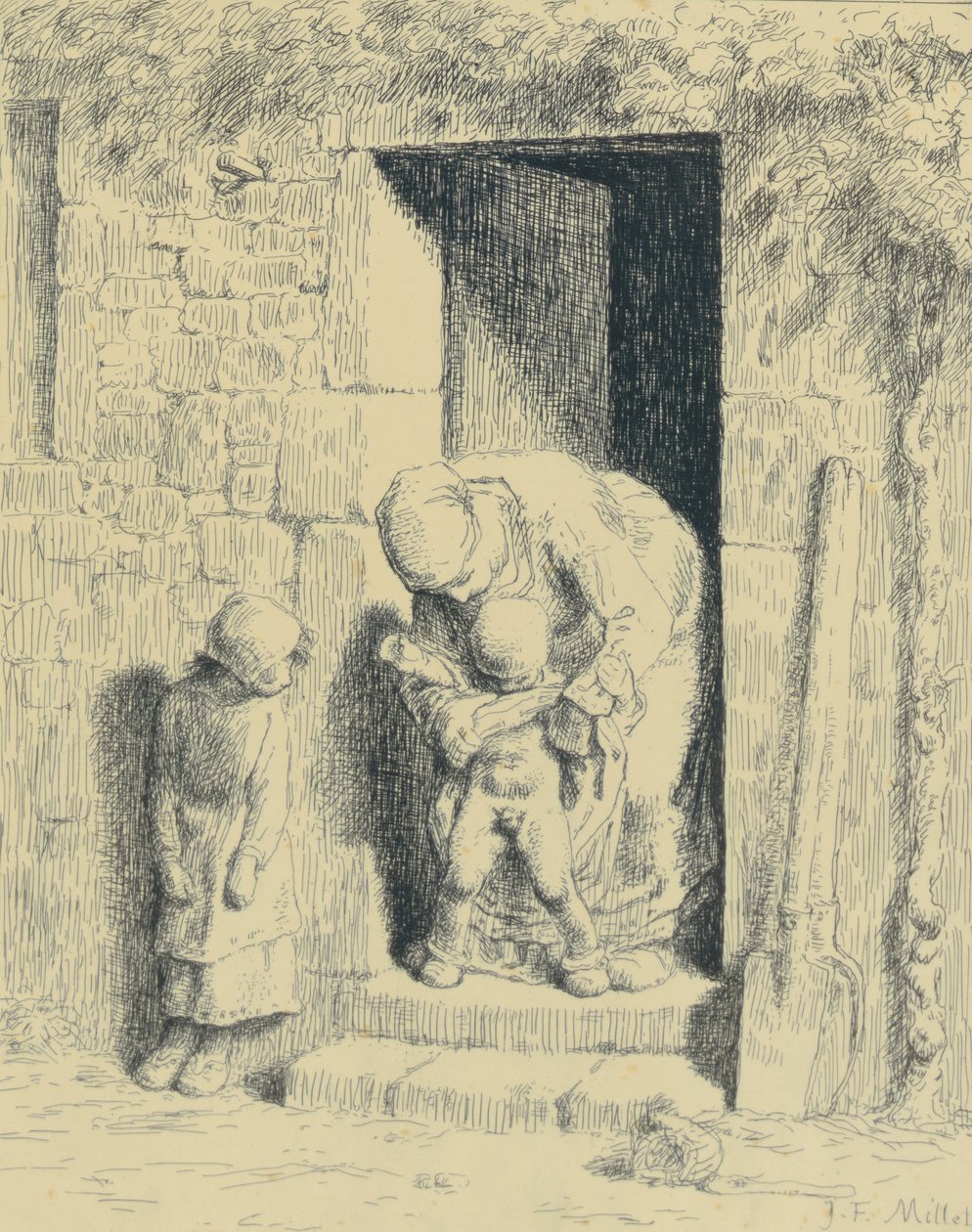 Maternal Care, 1862 (glastryk) af Jean Francois Millet