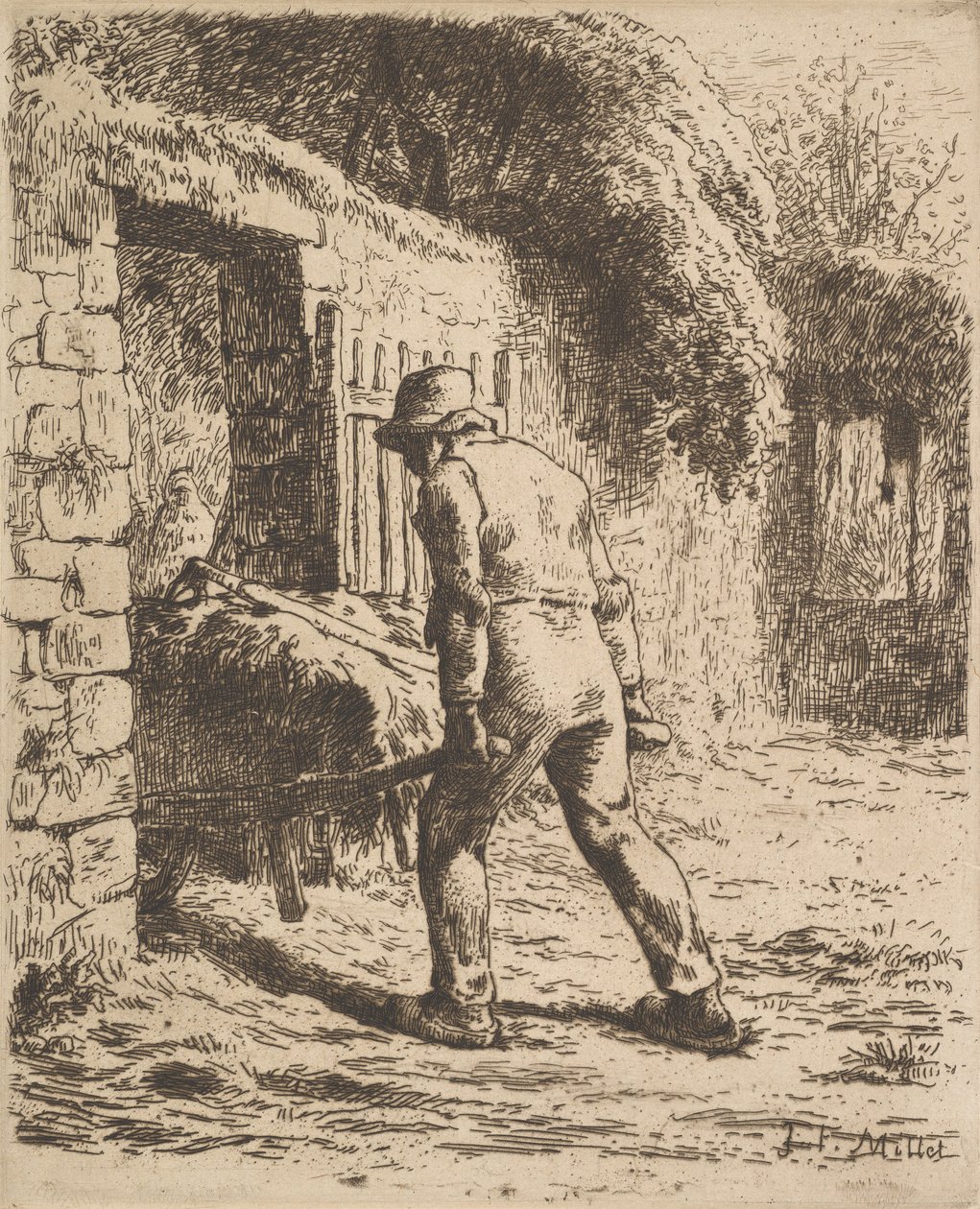 Bonde skubber en trillebør, 1855 af Jean Francois Millet