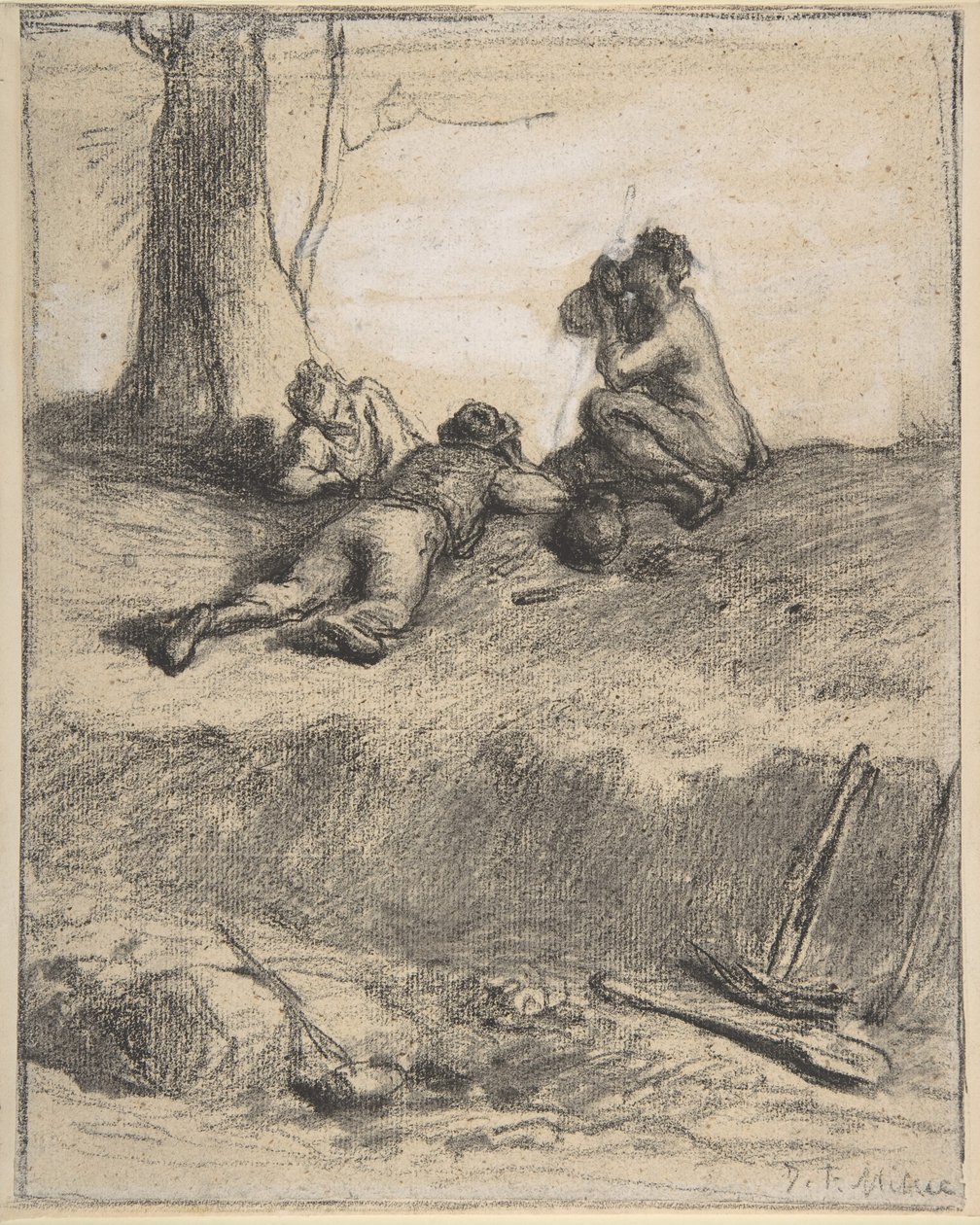 Vejarbejdere til frokost, ca. 1850-52 (conte farveblyant med gouache, på lagt papir) af Jean Francois Millet