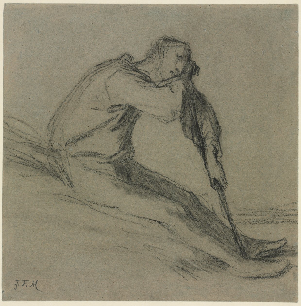 Siddende bonde hvilende på en hakke. af Jean Francois Millet