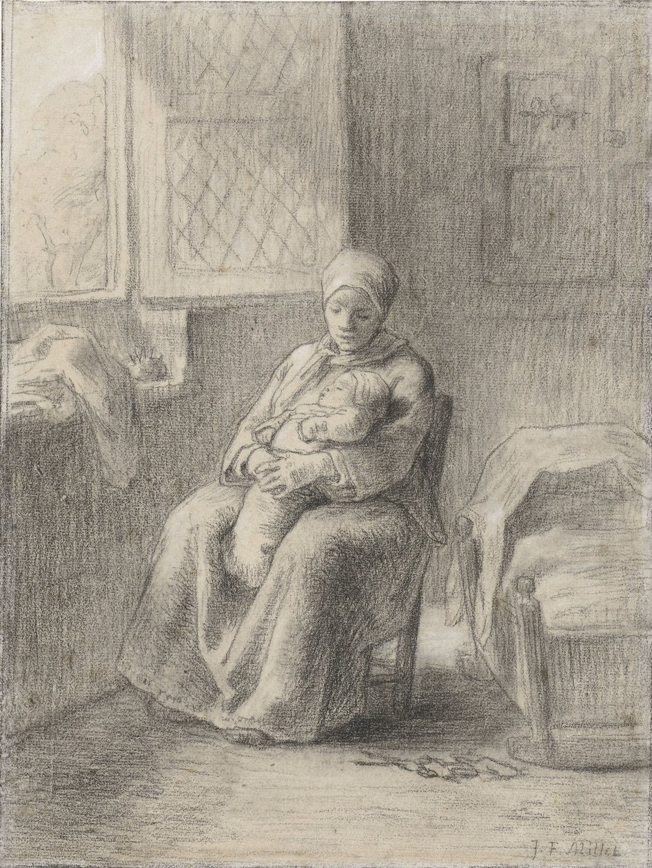Siddende kvinde med en baby ved et vindue, ca. 1824-75 (kridt på papir) af Jean Francois Millet