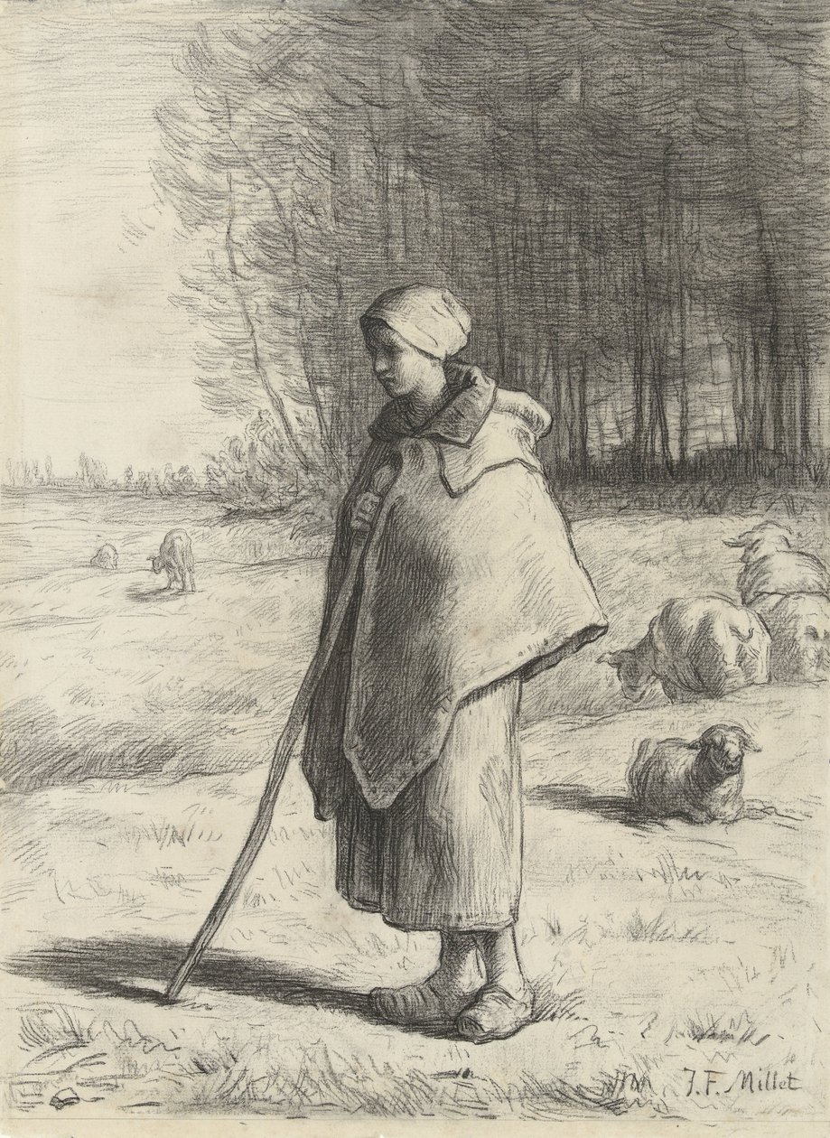 Hyrdinde, 1860-69 (kridt på papir) af Jean Francois Millet