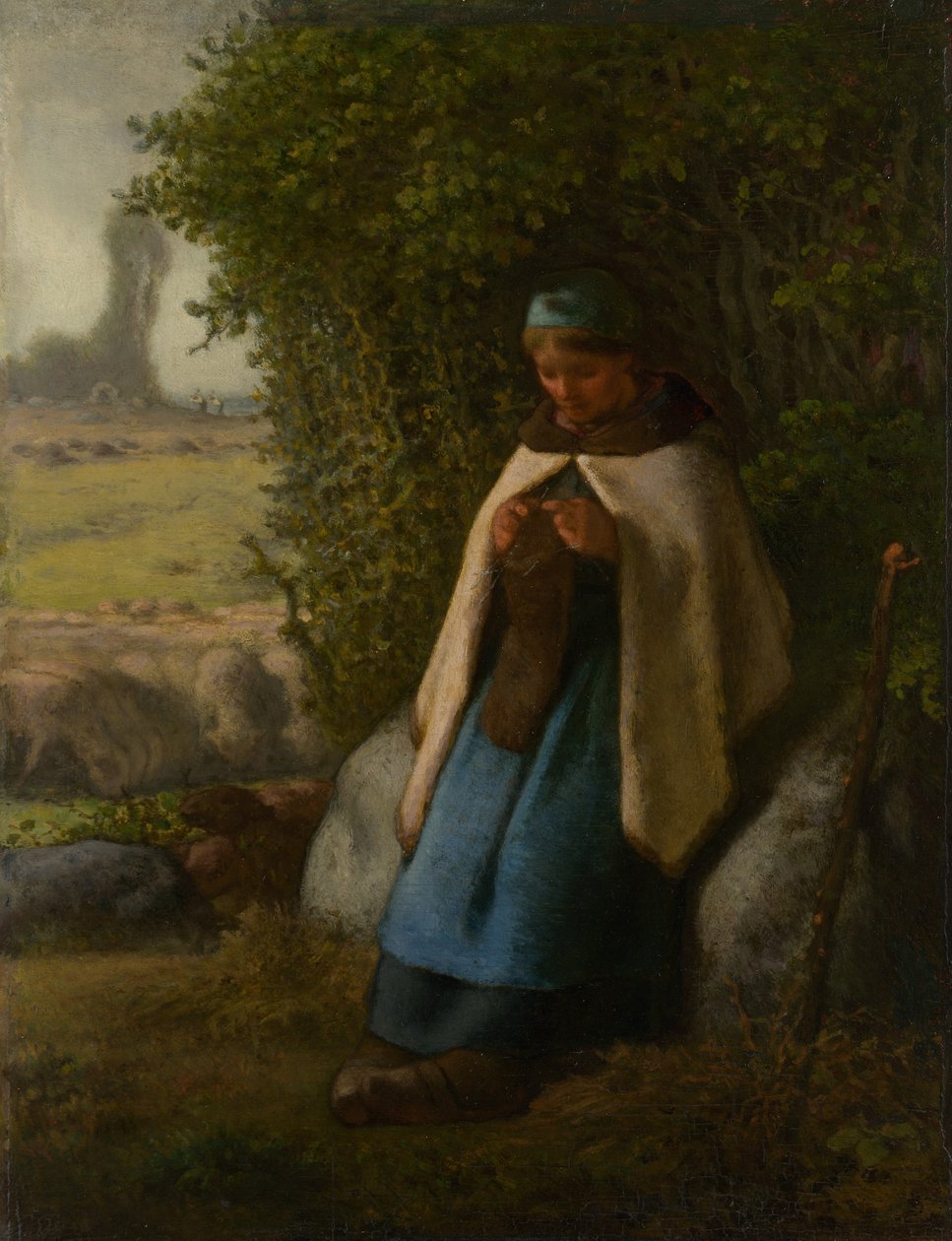 Hyrdinde siddende på en klippe, 1856. af Jean Francois Millet