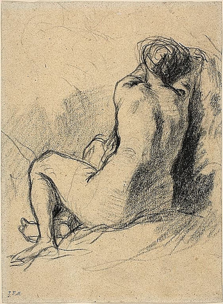 Studie: Nøgen kvinde set bagfra (recto) Skitser af arbejdende bønder (verso) af Jean Francois Millet