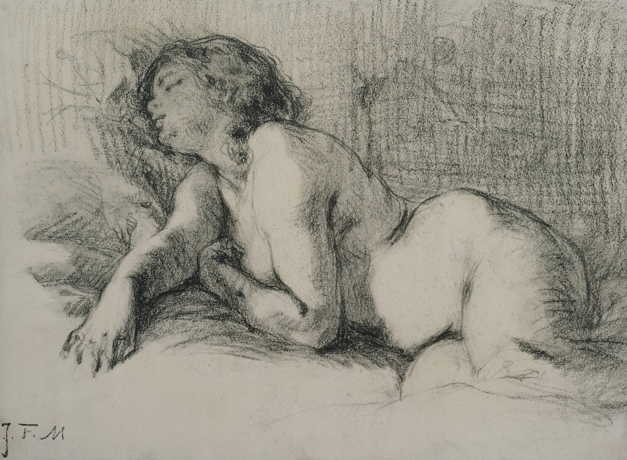 Studie af en tilbagelænet kvindelig nøgen (kul på papir) af Jean Francois Millet