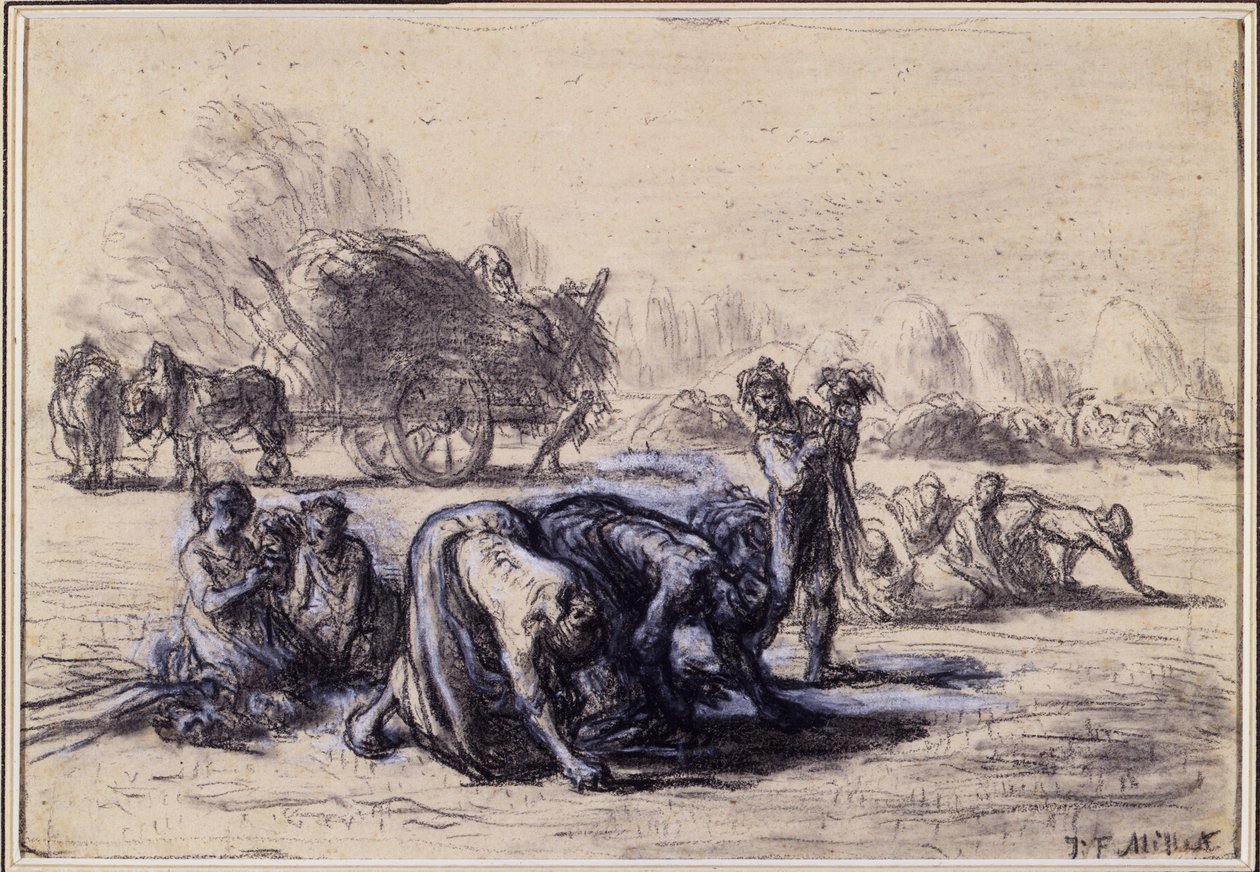 August måned: The Gleaners, ca. 1851-52 (sort-hvid pastel på papir) af Jean Francois Millet