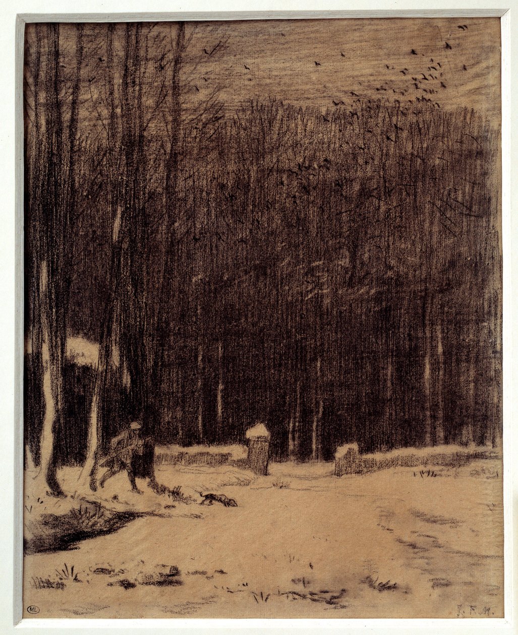Indgangen til Barbizon-skoven, sneeffekt Sort blyantstegning af Jean Francois Millet (1814-1875) Dim. 0,28 x 0,22 m Paris. Orsay Museum af Jean Francois Millet