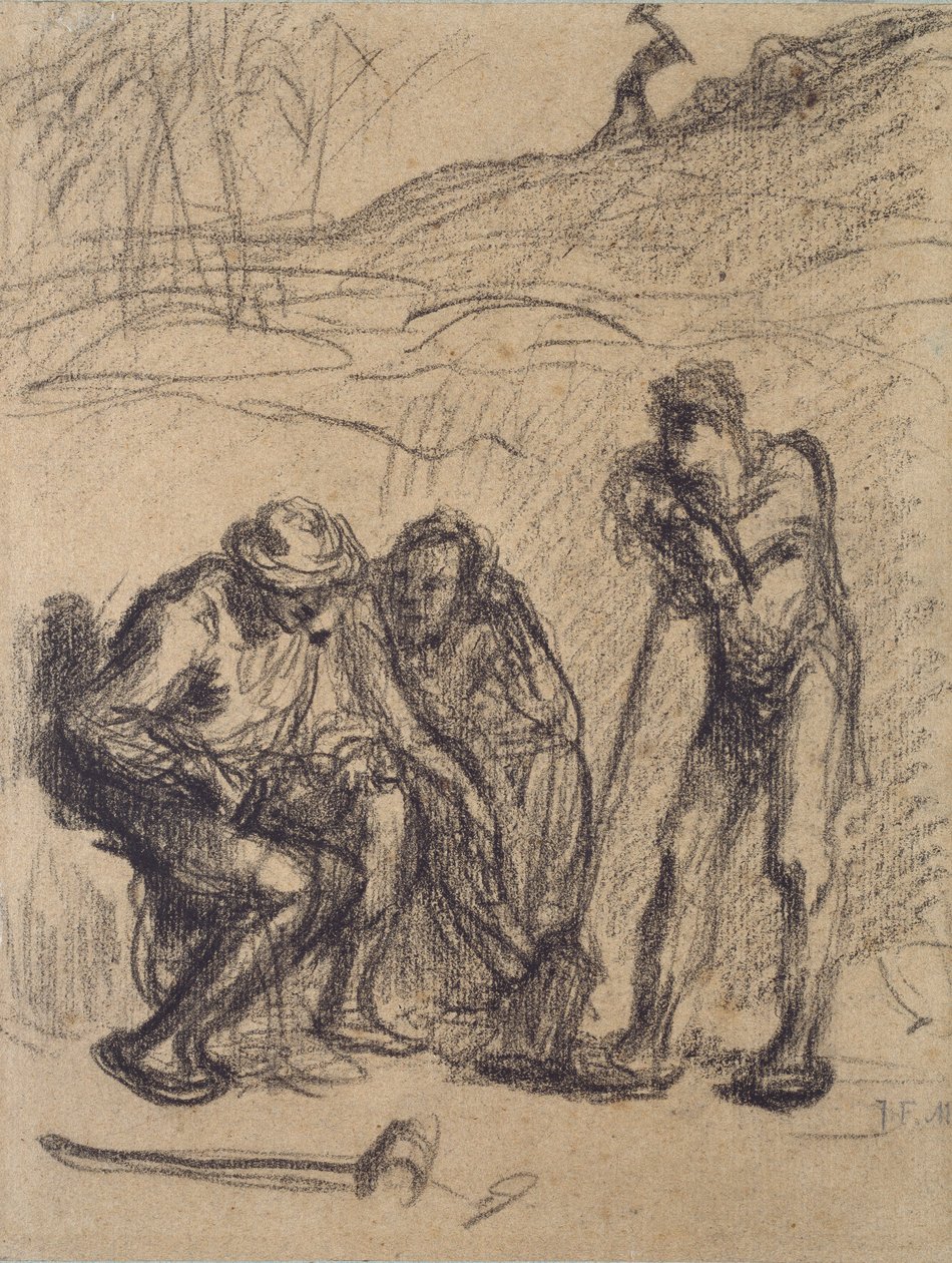 Tre bønder hviler, den ene læner sig op ad en spade, c1850-1851 af Jean Francois Millet