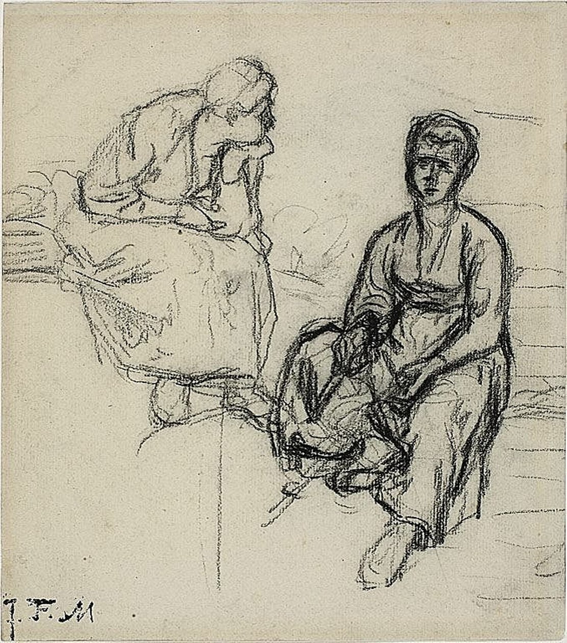 To Studier af en siddende Bondekone (recto); Studie af en ung pige iført hat (verso) af Jean Francois Millet