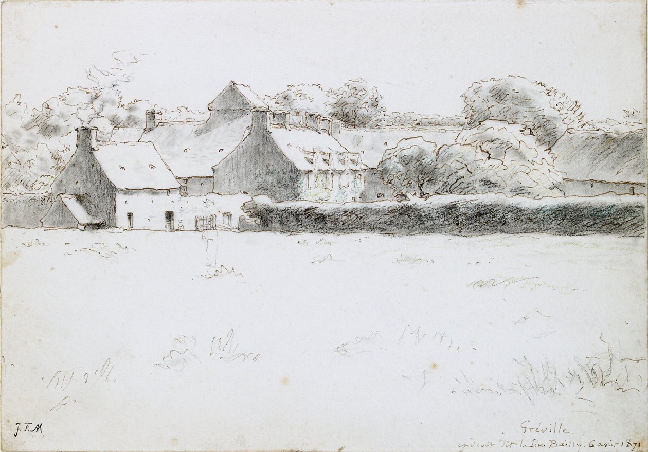 Udsigt over landbrugsbygninger på tværs af en mark, 6. august 1871 af Jean Francois Millet