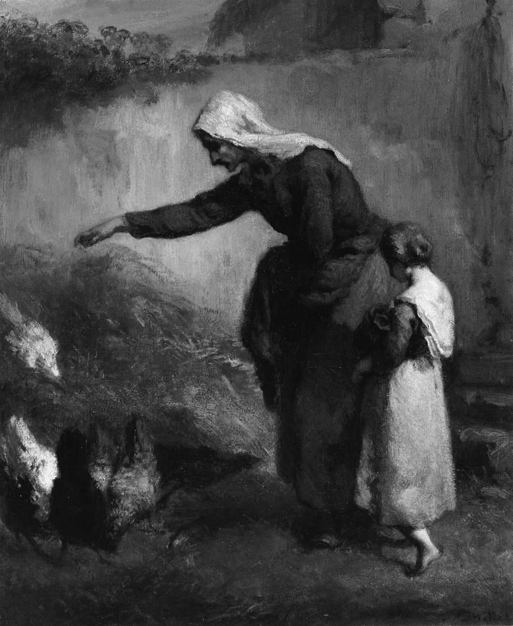 Kvinde fodrer høns af Jean Francois Millet