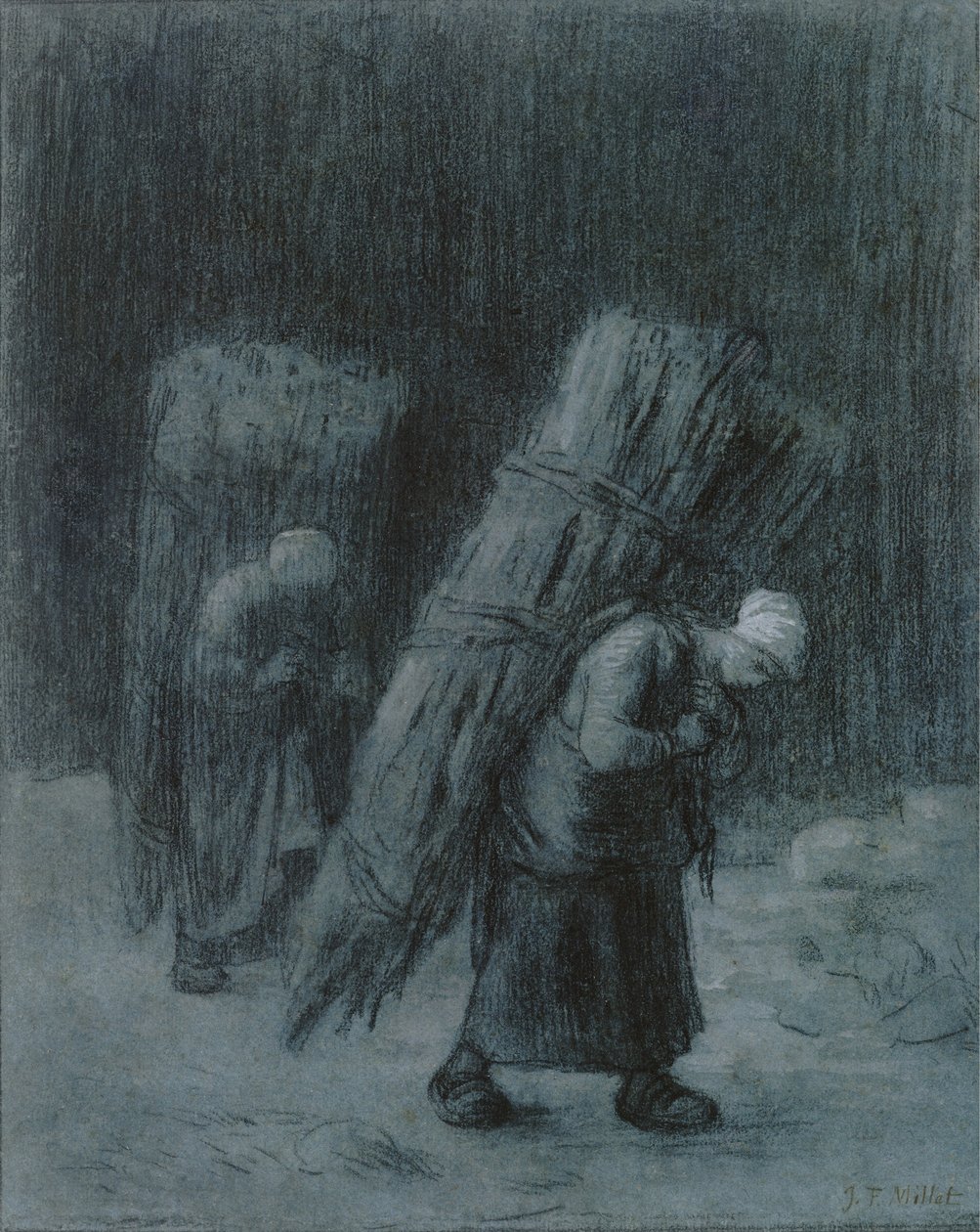 Kvinder, der bærer kviste, ca. 1858 (kul forhøjet med hvid gouache, trækulskant, på tungt lagt gråblåt papir) af Jean Francois Millet