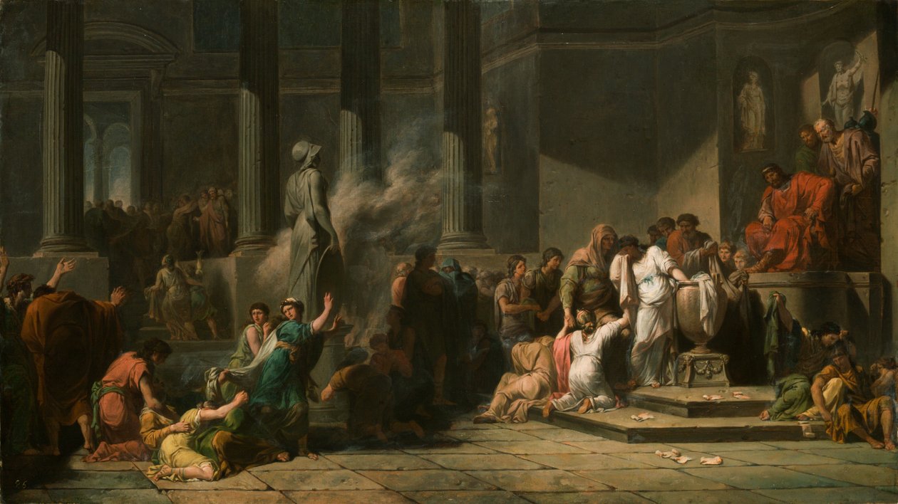Athenske piger trækker lod for at afgøre, hvilke syv blandt dem der skal sendes til Kreta for at ofre til Minotauren (olie på lærred) af Jean François Pierre Peyron