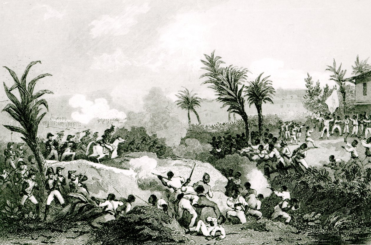 Sort oprør i Santo Domingo, 16. september 1802, fra "Histoire Universelle du XIXe siecle", efter Martinet af Jean Francois Pourvoyeur