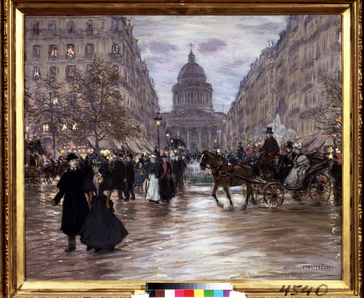 ""Boulevard Saint Michel"" Udsigt over Rue Soufflot og Pantheon fra Luxembourg-haven og Boulevard Saint-Michel i Paris, førerhuse og elegante par opliver gaden ved mørkets frembrud. Maleri af Jean Francois Raffaelli (18 af Jean Francois Raffaelli