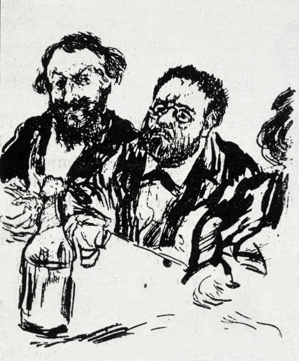 Maleren Edouard Manet (1832-1883) og forfatteren Emile Zola (1840-1902) ved bordet Karikatur af Jean Francois Raffaelli (1850-1924) af Jean Francois Raffaelli