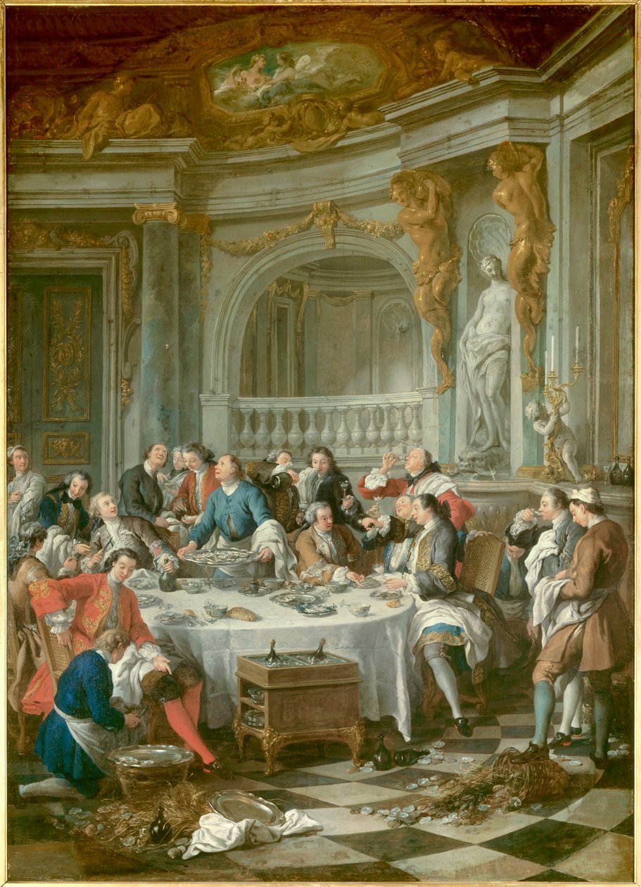 Oyster Breakfast En gruppe adelige, udelukkende mænd, der hengiver sig til gastronomisk udskejelse af østers og alkohol. Maleri af Jean Francois De Troy (1679-1752) 1735 søn. 1,80 x 1,26 m Chantilly, musee Conde - The Oyster Lunch. En østersfrokost udelukk af Jean François de Troy