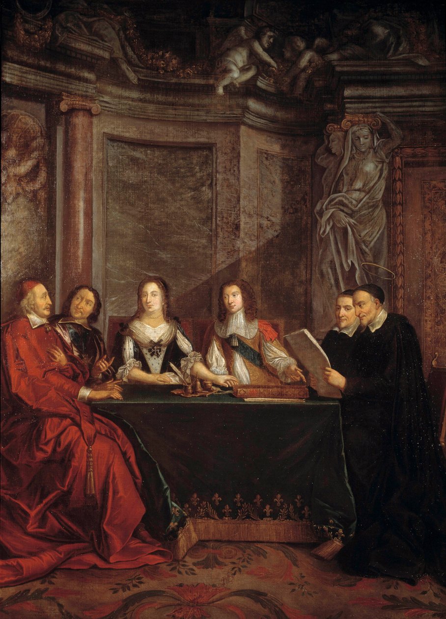 Samvittighedsrådet: St. Vincent de Paul, leder af samvittighedsrådet, der læser for kardinal Jules Mazarin (1602-1661), Peter Seguier (1588-1672), Dronning Anne af Østrig (1601-1666). ) og Ludvig XIV (1638). af Jean François de Troy
