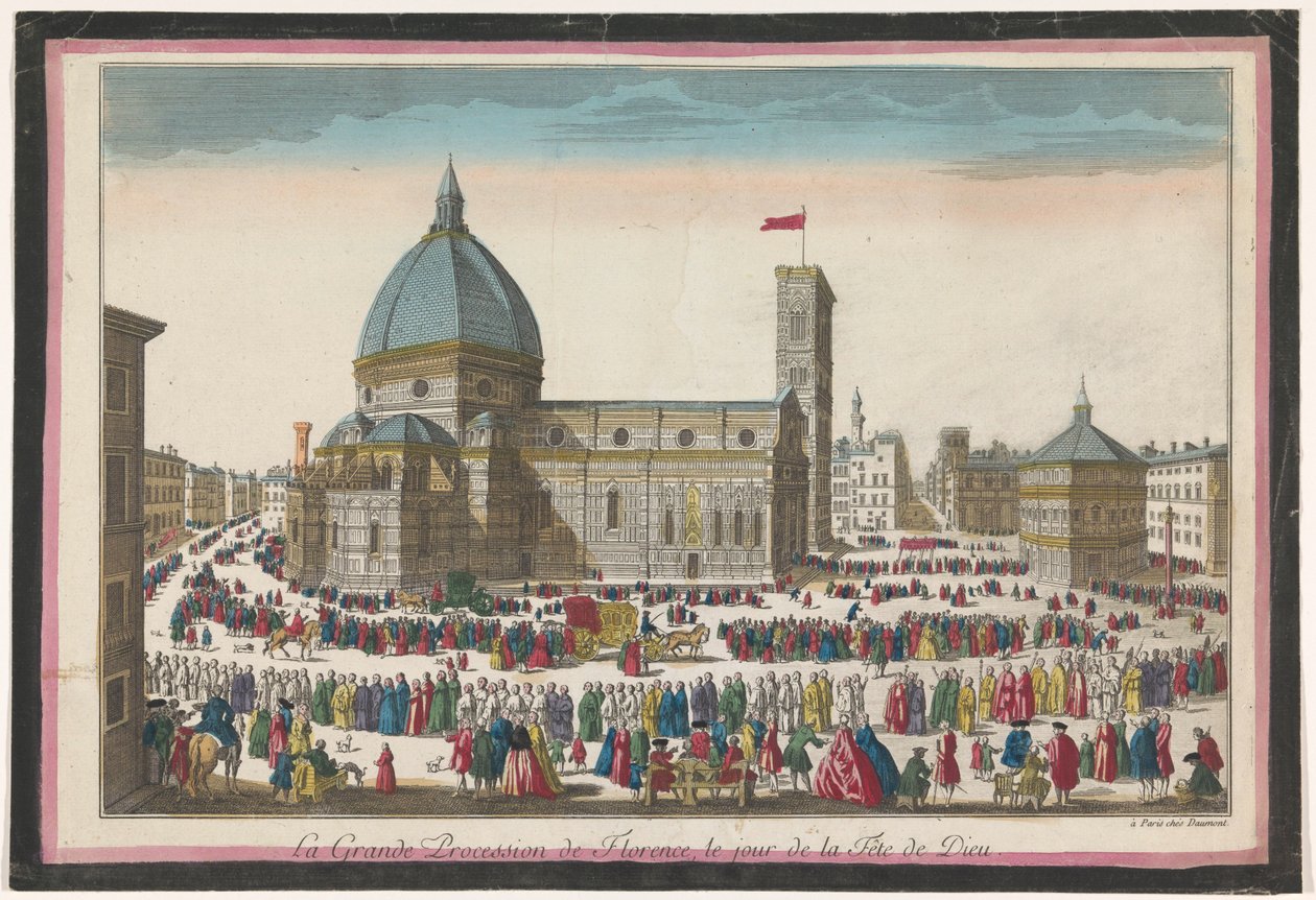 Udsigt over Duomo i Firenze med en procession på Corpus Christi La grande procession de Florence, le jour de la fête de Dieu (titel på objekt) af Jean François Daumont