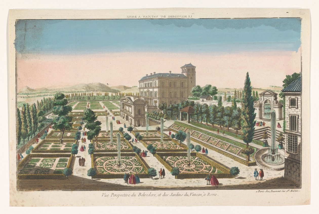 Udsigt over Giardini Vaticani i Vatikanstaten Le Belvedere du Vatican a Rom (titel på objekt) af Jean François Daumont