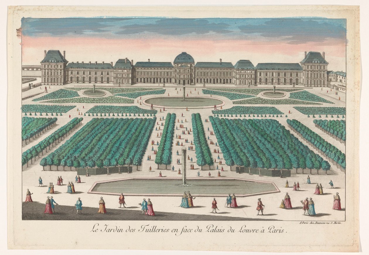 Udsigt over Jardin des Tuileries i Paris set mod Palais du Louvre Le Jardin des Tuilleries en face du Palais du Louvre i Paris (titel på objektet) af Jean François Daumont