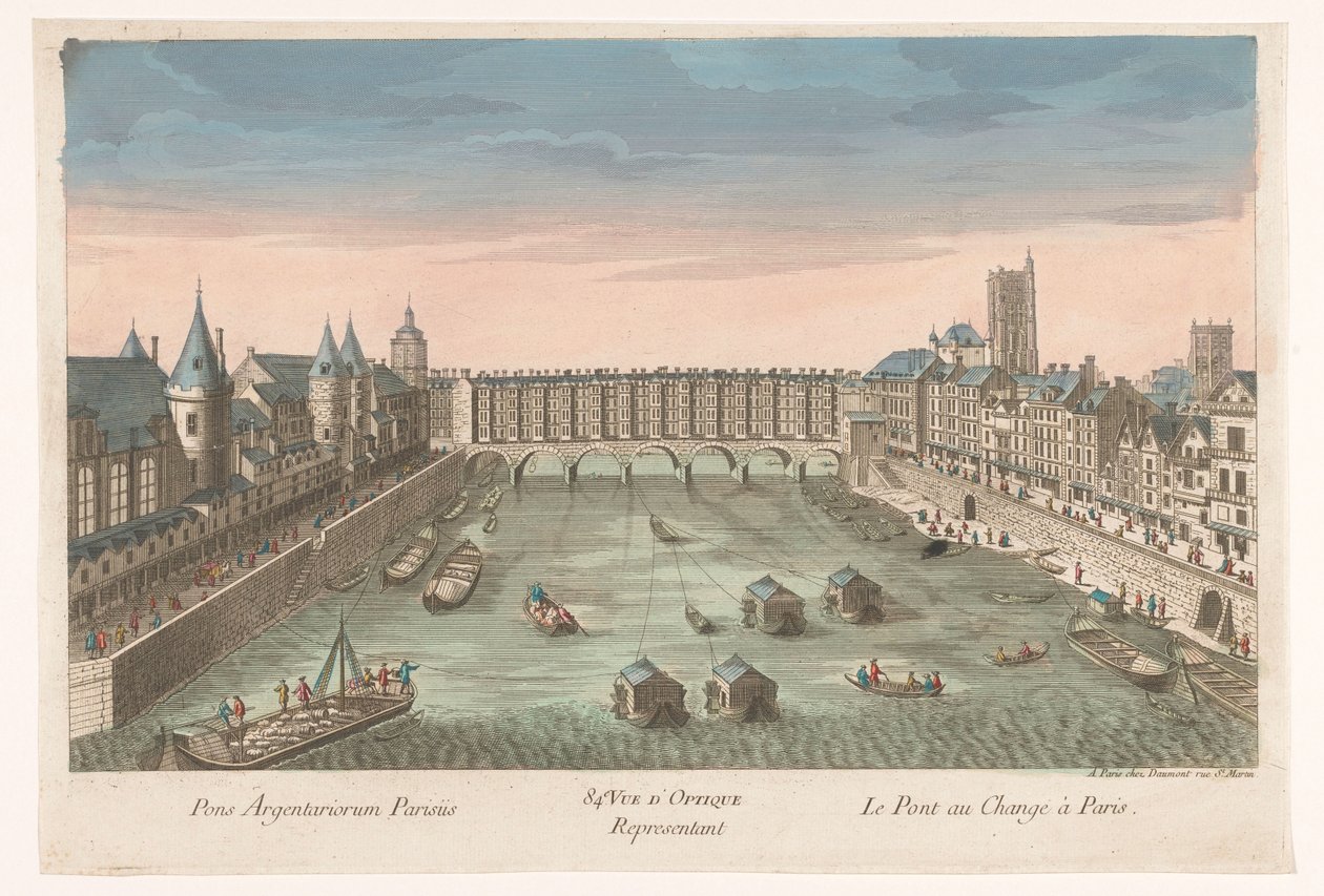 Udsigt over den bebyggede Pont au Change over Seinen i Paris 84. Vue d