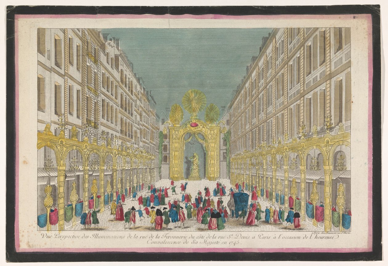 Udsigt over udsmykningen af ​​Rue de la Feronnerie i Paris i anledning af restaureringen af ​​Louis XV, konge af Frankrig, i 1745 Vue perspective des illuminations de la Ruë de la Feronnerie du côté de la Ruë St. Denis a Paris (...) (titel på o af Jean François Daumont