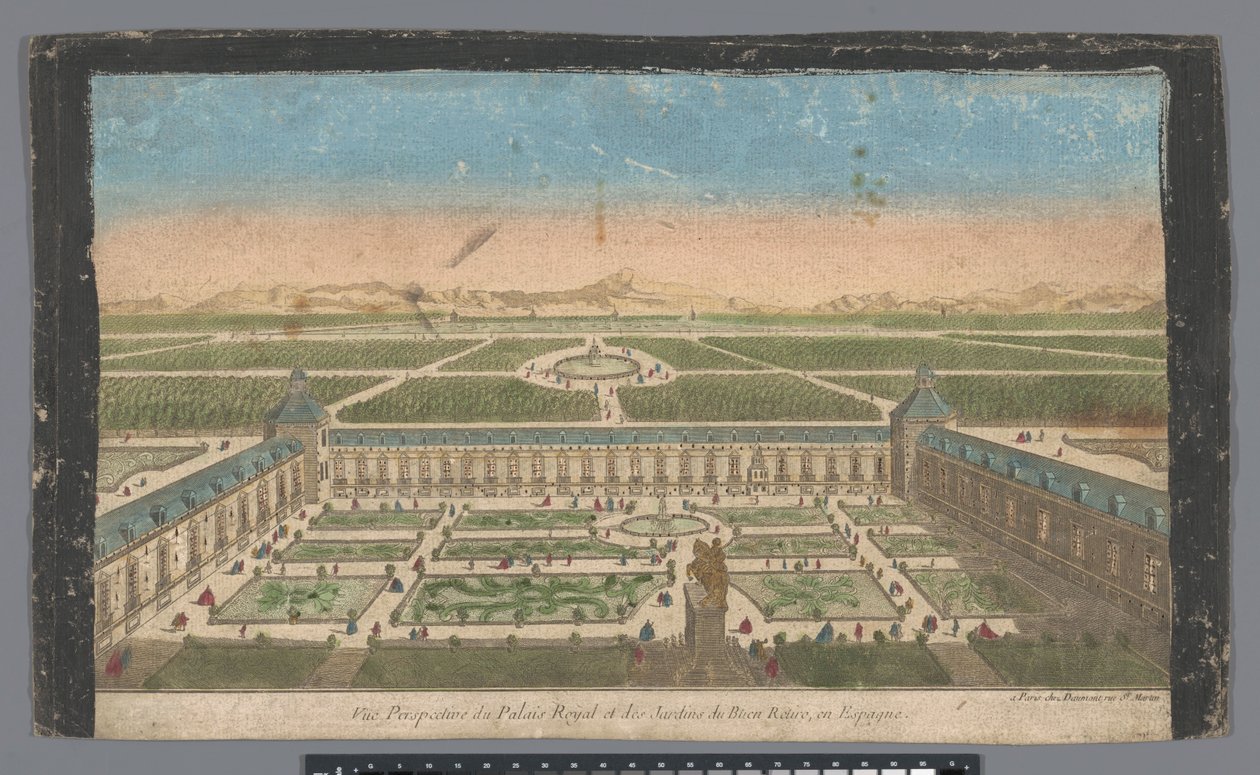 Udsigt over haven og Palacio del Buen Retiro i Madrid Vüe ​​​​perspective du Palais Royal et des Jardins du Buen Retiro, en Espagne (titel på objekt) af Jean François Daumont